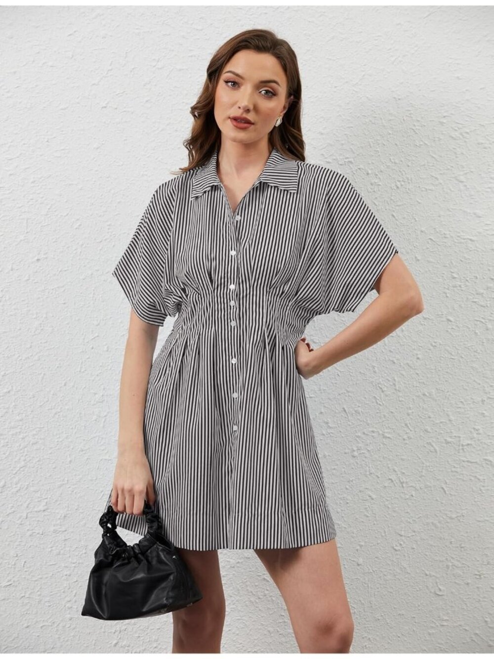 Women's Black Straps Down Pleated Shirt Striped Short Sleeve Casual Mini Dress - Picture 3 of 4